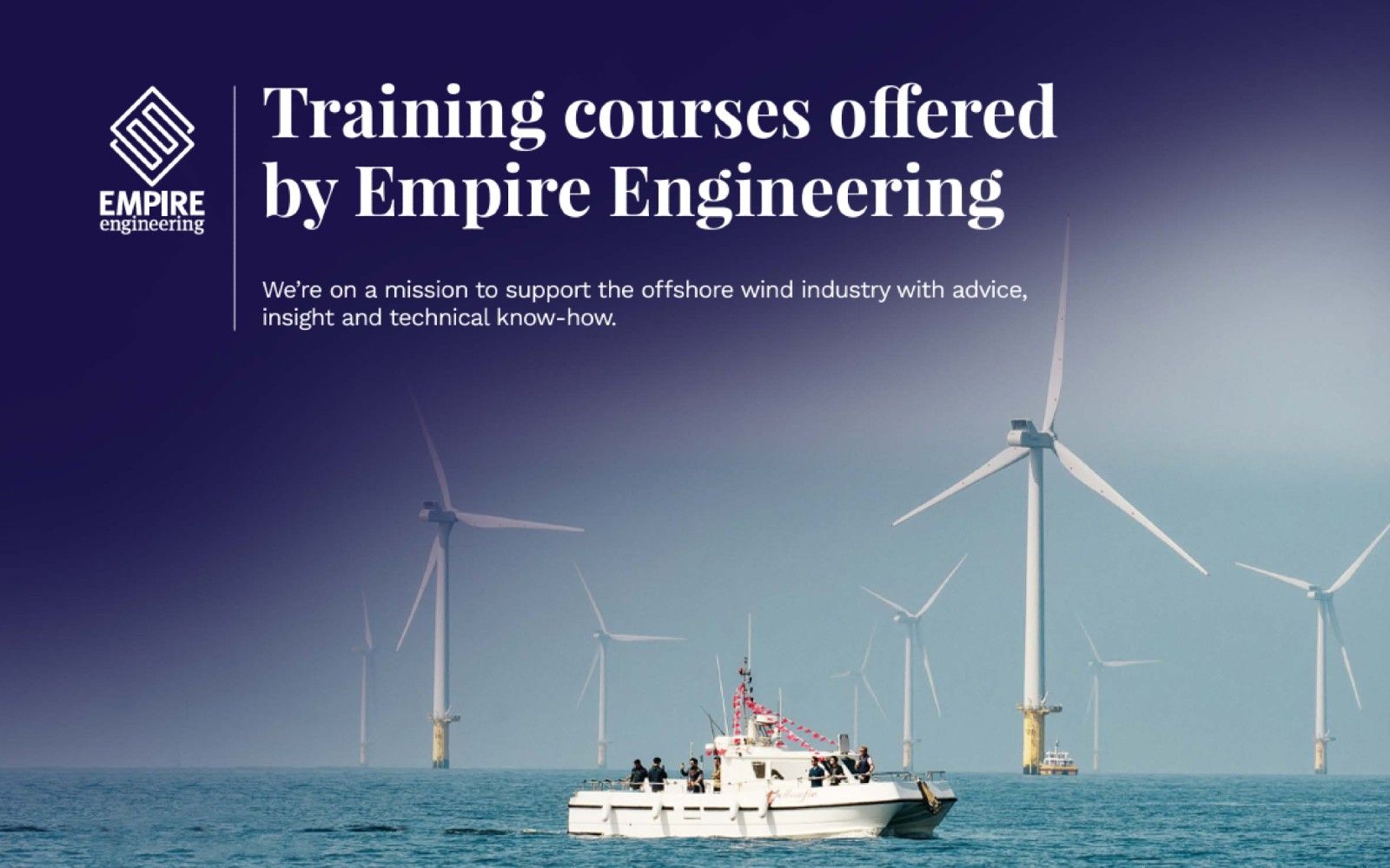 Cover of the EE training brochure. Boat infront of turbines at Rampion wind farm